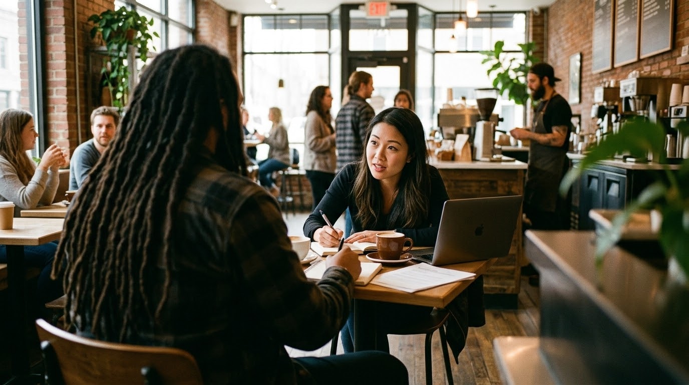 Coaching illustration showing a one-to-one conversation in a cafe.