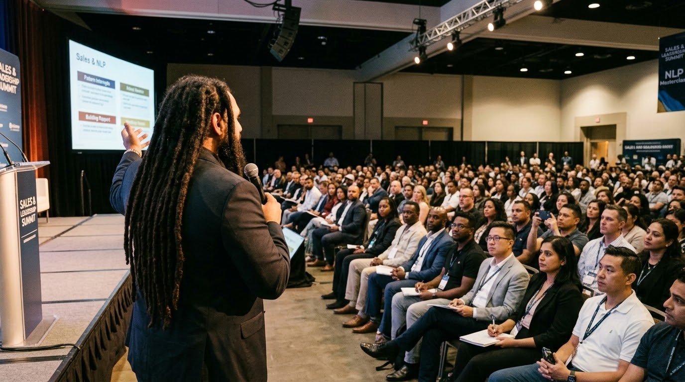 Coaching illustration showing Jaspal speaking to an auditorium audience.