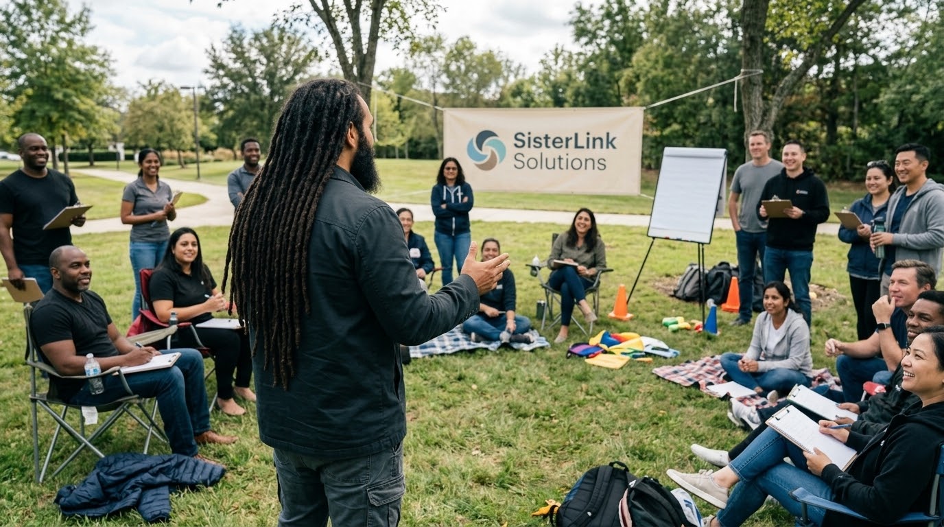Coaching illustration showing an outdoor group workshop.